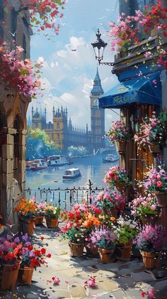 an oil painting of a city street with flowers in the foreground and big ben in the background