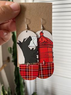 Fun handmade earrings featuring a vintage Royal Mail post box & Scottish Terrier ❤️ made from recycled biscuit tins they're sustainably sourced & very lightweight! - 925 silver plated steel hooks - Size: 3x7.5cm Check out more of my earrings here: https://gracenicolexx.etsy.com **Please note that all of my items are handmade from recycled materials so please allow for small imperfections and slight variations in patterns & size** Dog Red, Mail Post, Post Box, Red Tartan, Scottish Terrier, Scottie Dog, Tartan Plaid, Handmade Earrings, Recycled Materials