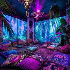 a room filled with lots of pillows covered in colorful lights and plants on the walls