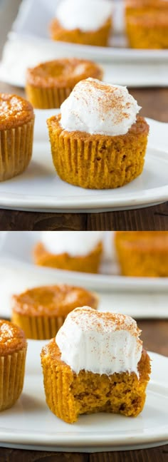 pumpkin cupcakes with cream cheese frosting on top are sitting on white plates