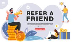 refer a friend landing page with man and woman sitting on stacks of coins holding megaphones