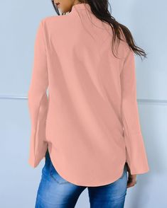 Stylish Solid Tie Neck Flared Sleeve Blouse P15682 Pink Solid Color Tops For Fall, Pink Tops For Fall, Pink Solid Color Top For Fall, Casual Crew Neck Blouse For Office, Casual Crew Neck Office Blouse, Casual Office Tops For Fall, Pink Relaxed Fit Blouse For Fall, Relaxed Fit Pink Blouse For Fall, Pink Solid Color Shirt For Workwear