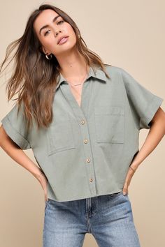 Adding a chic staple like the Lulus Dashing Aesthetic Sage Green Linen Short Sleeve Button-Up Top is essential for making stylish 'fits for years to come! This exceptionally trendy top has a lightweight, linen-blend woven construction that shapes a collared neckline and dolman-style short sleeves with folded sewn cuffs. The wide-cut, boxy bodice features twin patch pockets and a functional button placket along the center. Fit: This garment fits true to size. Length: Size medium measures 21.5" fr Aesthetic Sage Green, Cute Church Outfits, Soft Summer Palette, Stylish Fits, Linen Pants Outfit, Lulu Fashion, Short Sleeve Shirt Women, Trendy Top, Linen Short