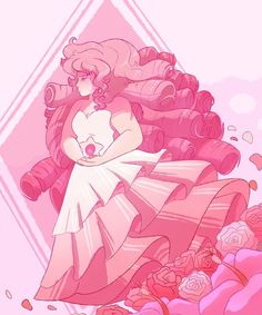 a drawing of a woman sitting on top of a pile of pink roses with her hair blowing in the wind