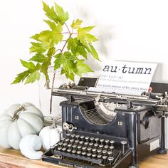 an old fashioned typewriter sitting on top of a wooden table next to a potted plant