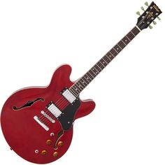 a red electric guitar is shown against a white background