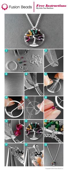 instructions to make a tree necklace with swarong beads and crystals in silver or gold