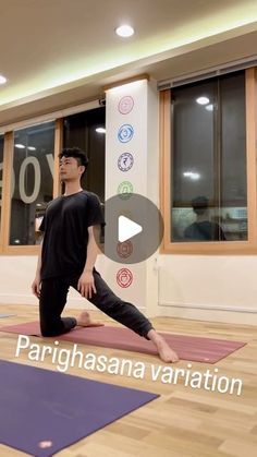 a man standing on one leg in a yoga position with the words parighasana variation