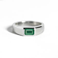 Item Details: One natural 7x5mm emerald cut emerald. The top width of this ring is 6mm wide and the base of the ring is 3.5mm wide. Please note, we can set antique/heirloom diamonds in this setting. Set in your choice of platinum or 14K white, yellow, or rose gold. Please allow 2-3 weeks for production & delivery. Emerald Signet Ring, Wide Engagement Ring, Emerald Silver Ring, Mens Diamond Band, Family Ring, Happy Jewelry, Wedding Ring Styles, Wedding Day Jewelry, Engagement Rings For Men