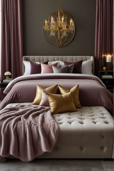 modern glam bedroom ideas velvet ottoman metallic whispers accents light catch 1 Metallic Bedroom Ideas, Plum And Gold Bedroom, Citrus Bedroom, Majestic Bedroom, Purple And Gold Bedroom, Bridal Mendhi, Modern Glam Bedroom, Grey Rooms, Glam Bedroom Ideas