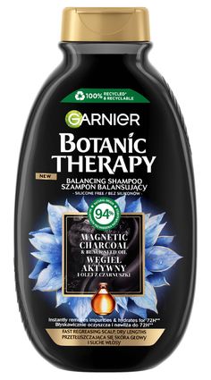 Garnier Hair Shampoo Charcoal Cleanses Oily Scalp Hydrates Reduces Sebum  GARNIER BOTANIC THERAPY Balancing Shampoo Magnetic Charcoal & Black Seed Oil This listing is for 1 bottle, 250ml  Garnier's botanical experts have used charcoal and black seed oil to create a vegan* rebalancing shampoo formula for oily scalps and dry hair. The shampoo cleanses the scalp of excess oil and moisturizes the hair for up to 72** hours. The packaging is made of 100%*** recycled plastic and is recyclable. * Without ingredients of animal origin. ** Instrumental study. *** Excludes cover, paint and accessories. Ingredients: AQUA / WATER / EAU , AMMONIUM LAURYL SULFATE , SODIUM CHLORIDE , COCAMIDOPROPYL BETAINE , NIGELLA SATIVA SEED OIL , TRIETHYL CITRATE , SODIUM HYDROXIDE , GUAR HYDROXYPROPYLTRIMONIUM CHLORID Oily Scalp, Hydrating Shampoo, Black Seed Oil, Benzoic Acid, Black Seed, Manicure Y Pedicure, Charcoal Black, Shampoos, Hair Shampoo