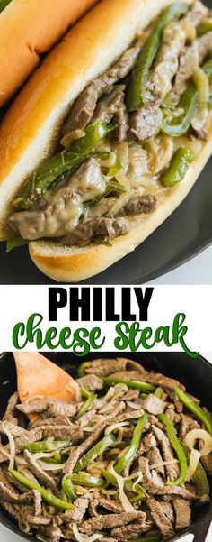 phily cheese steak sandwich in a skillet with green peppers and onions on the side