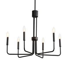 a black chandelier with six lights hanging from it