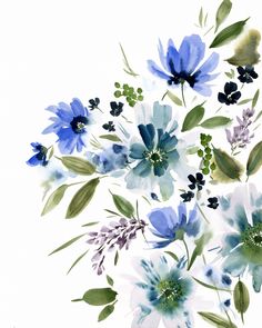 blue and green flowers are arranged in the shape of a bouquet on a white background