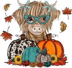 a cow with glasses and pumpkins in front of it, surrounded by fall leaves