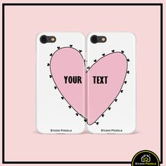 two phone cases with hearts on them, one is pink and the other is white