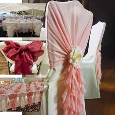 wedding chair covers with pink and white ruffles on the back are shown in multiple pictures