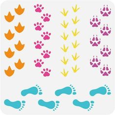 the footprints of dogs and cats are shown in different colors, shapes and sizes on a white background