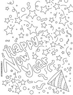 the happy new year coloring page with stars and confetti on it, as well as