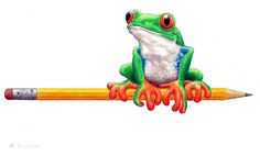 a drawing of a frog sitting on top of a pencil