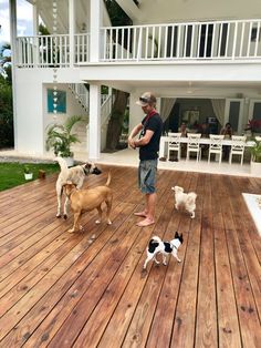 a man standing on top of a wooden deck next to three dogs and two puppies