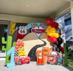 cars themed birthday party with balloons and decorations