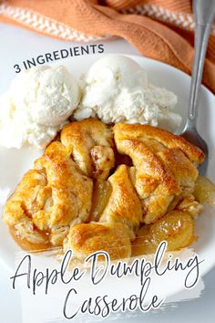 an apple dumpling casserole on a plate with ice cream and orange napkin