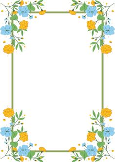 a square frame with flowers and leaves on the edges, in blue and yellow colors