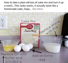 an image of ingredients for cake mix on the counter top with instructions to make it