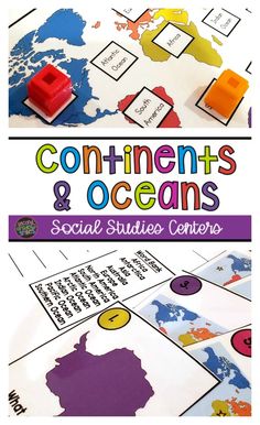 an image of a map with words and pictures on it that read,'continentss & oceans social studies center