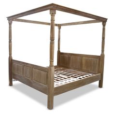 a wooden bed frame with four posts and no headboard or foot board is shown