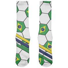 soccer socks with the flag of brazil and green, yellow and white balls on them