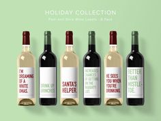 three bottles of wine are shown with the label for holiday collection, which includes santa's helper