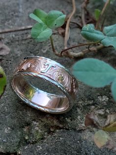 a silver ring sitting on top of a rock next to a leafy green plant