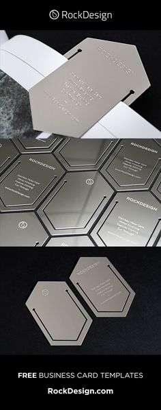 two different business cards with silver foil on them, one in the shape of hexagonal