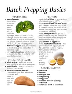 a broccoli, egg and other vegetables are labeled in this poster with the words bach prepping basics