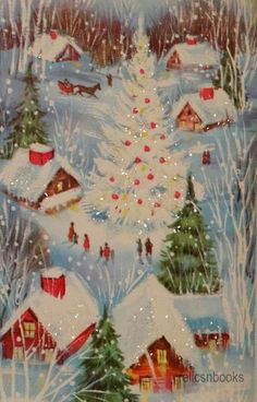 a painting of a christmas tree in the middle of a snow covered field with houses and trees