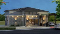 this is a rendering of a modern house with an attached garage and covered patio area