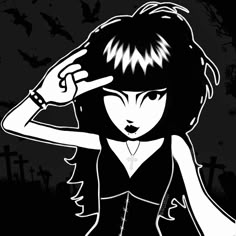 a black and white drawing of a girl with her hand on her head, in front of bats