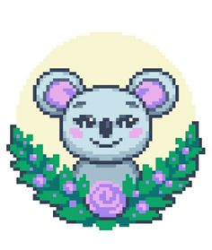 a pixel art koala with flowers and leaves