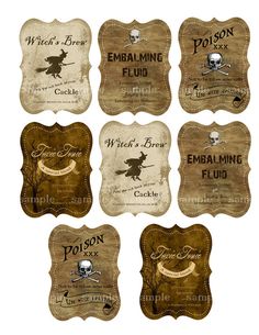 six different labels with the words witch and skull on them, all in various styles