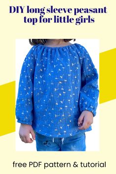 The free sewing pattern that you can download below is for a simple long sleeve peasant top. However, you can embellish your own blouse with bows, pockets, lace, rick-rack, buttons, contrasting band, a mini pom-pom hemline, or appliques. Learn to make a long sleeve peasant top for your little girl with this free pattern and tutorial. A great beginner sewing project – no buttons, no zippers, no stress. Peasant Top Pattern, Bird Print Fabric, Long Sleeve Peasant Top, Beginner Sewing Patterns, Printable Sewing Patterns, Gauze Top