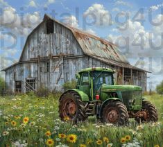 a painting of a green tractor in front of a barn and sunflowers on a sunny day