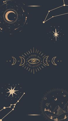 an image of the sky with stars, moon and sun in it's center