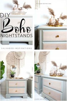 four different pictures of an old dresser with feathers on top and the words diy boho nightstands above it