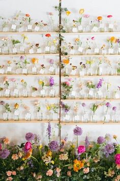 flowers are arranged in glass vases on the wall