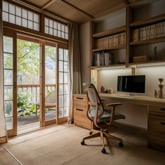 a desk with a computer on top of it in front of a sliding glass door