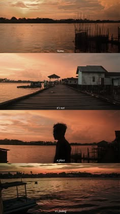 four different shots of the same person standing in front of a body of water at sunset