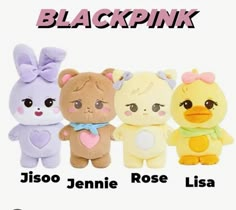 three small stuffed animals sitting next to each other on a white background with the words blackpink above them