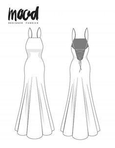 the back and side view of an evening gown with straps, designed by macd